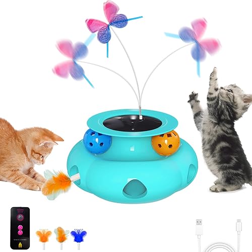 Miniatura 10 de Juguetes interactivos para gatos de interior, juguete 4 en 1 para mascotas con varita de plumas de emboscada, mariposa aleteadora motorizada y
