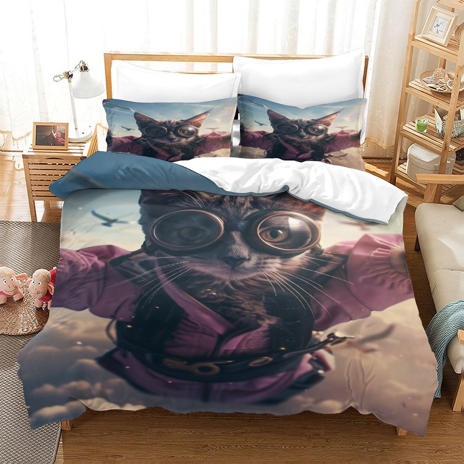 P1S9U7W5Y 3D Printed Steampunk Owl Design Duvet Cover Set 3pcs Microfiber Flying Animal Bedding Set King（220x240cm）
