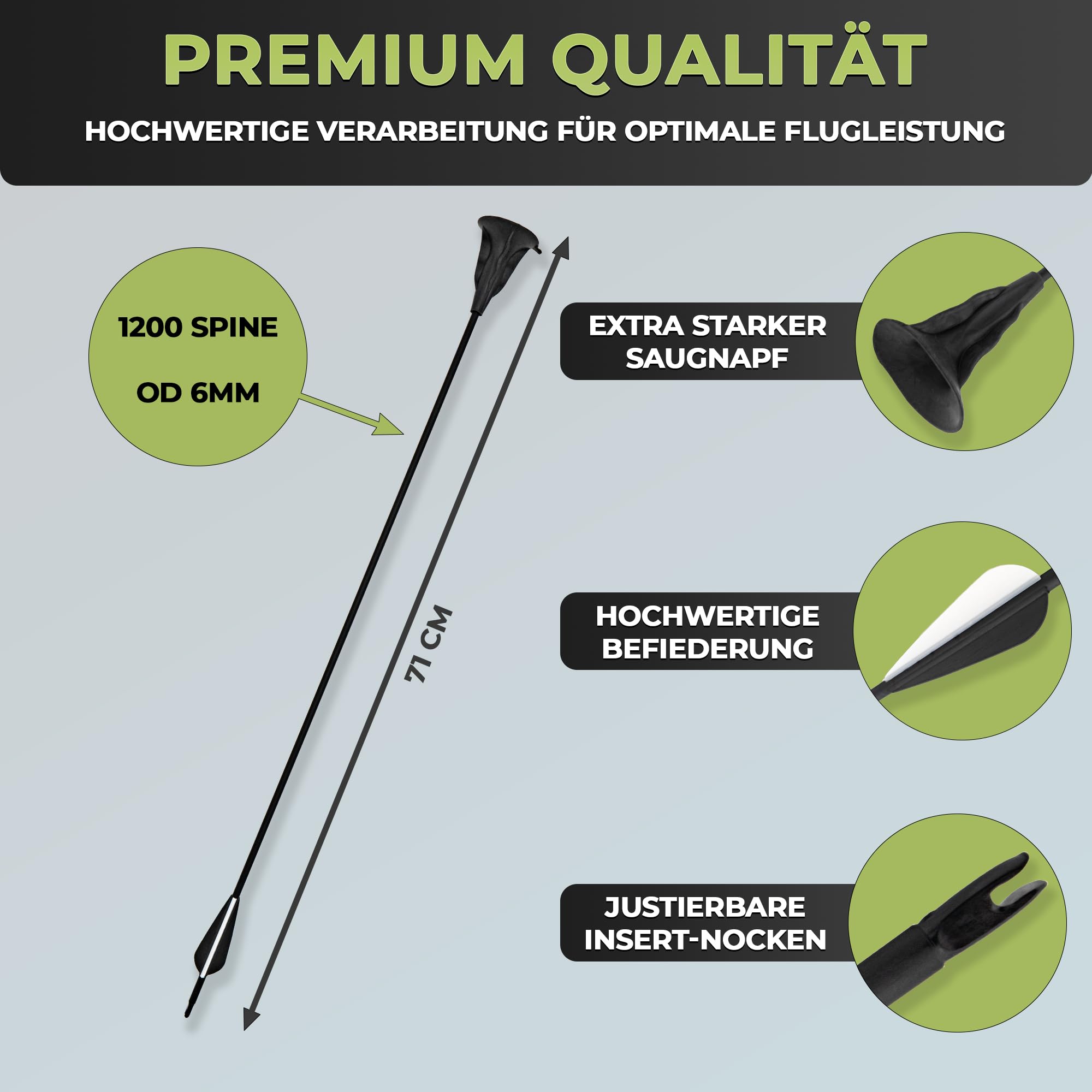 BOWRILLA® 6er Pack Ersatzpfeile für Einsteigerbögen bis 20 lbs | Saugnapf Pfeile für Bogenschießen, 1200 Spine, ID4.0mm, 3 Zoll Kunststoff Vanes und justierbaren Stecknocken