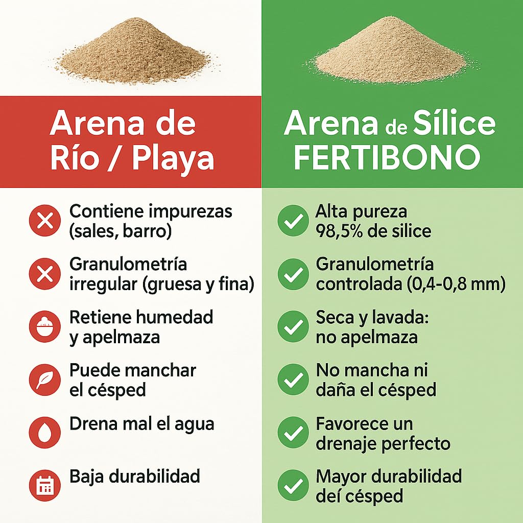 FERTIBONO Arena de Sílice para Césped Artificial 25 kg – Evita Césped Aplastado y Calor Sofocante – Alta Pureza 98,5% – Seca, Lavada y de Granulometría Controlada – Uso Residencial y Deportivo