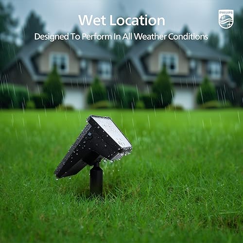 Miniatura 7 de Philips Paquete de 4 focos solares impermeables para exteriores, 28 LED de 3000 K, luces solares para caminos de paisaje, del atardecer al amanecer,