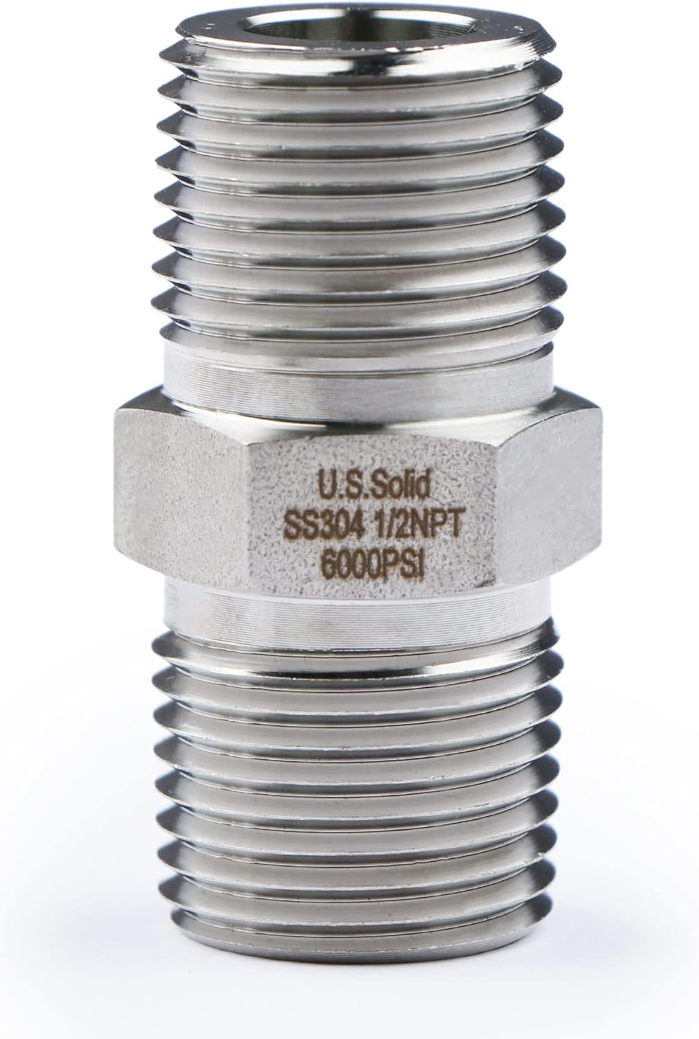 U.S. Solid 304 Stainless Steel Hex Nipple, 6000 psi High