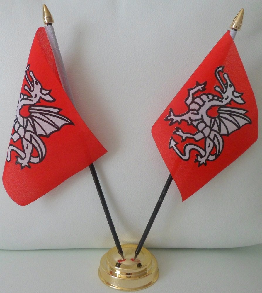 England English Pendragon Anglo Saxon 2 Flag Desktop Table Display Centrepiece With Gold Base