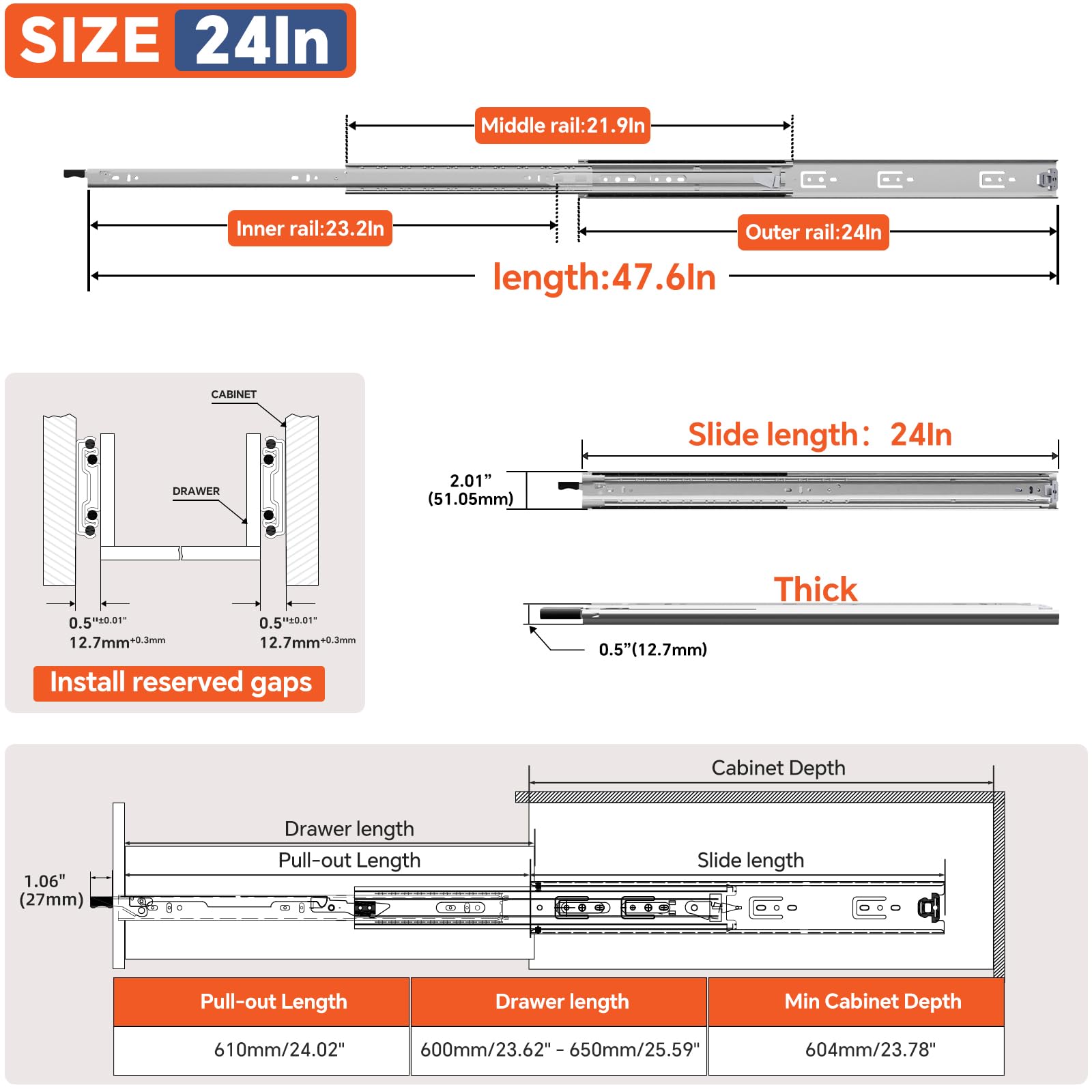 ToBeGreat Schwerlastauszug mit Verriegelung 600mm, Schubladenschienen 51mm Breite mit Vollauszug 68 kg Tragkraft, Heavy Duty Auszugsschienen für Werkzeugschrank, Werkbank & Industrie