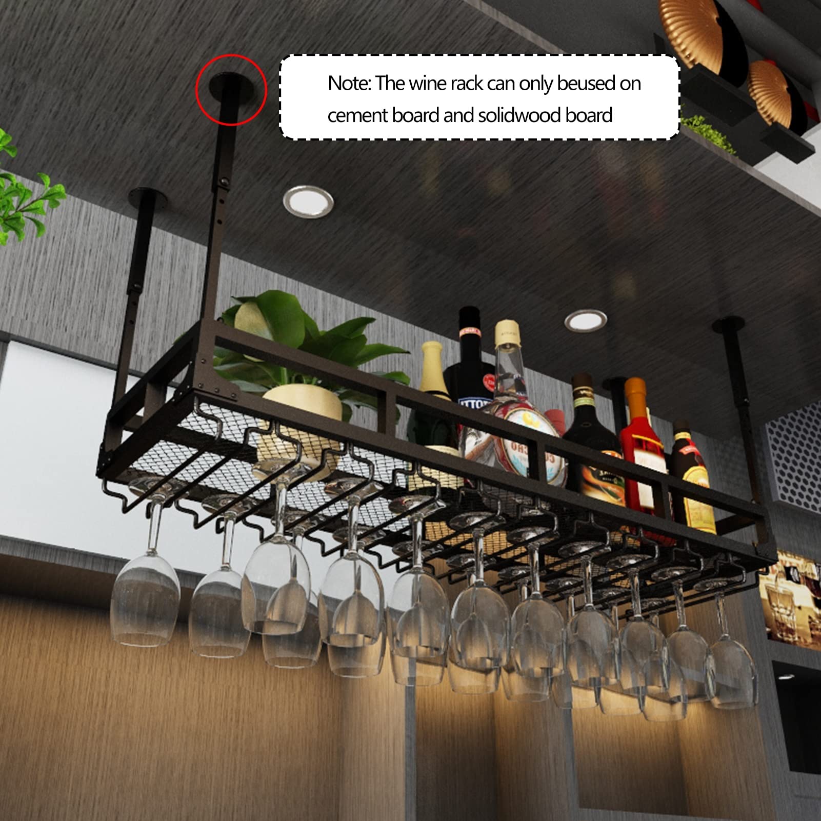 Soporte para botellas de vino para colgar en el techo, organizador de copas de vino de metal con diseño ajustable, acabado negro mate para almacenamiento en el hogar, bar o cocina