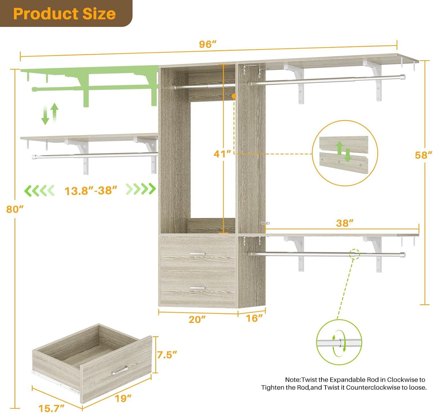Wood Closet System,4-8FT Closet Organizer System with 2 Wooden Drawers,Walk-in Wardrobe Clothes Rack with 4 Hanging Rods for Bedroom,Living Room,White Oak