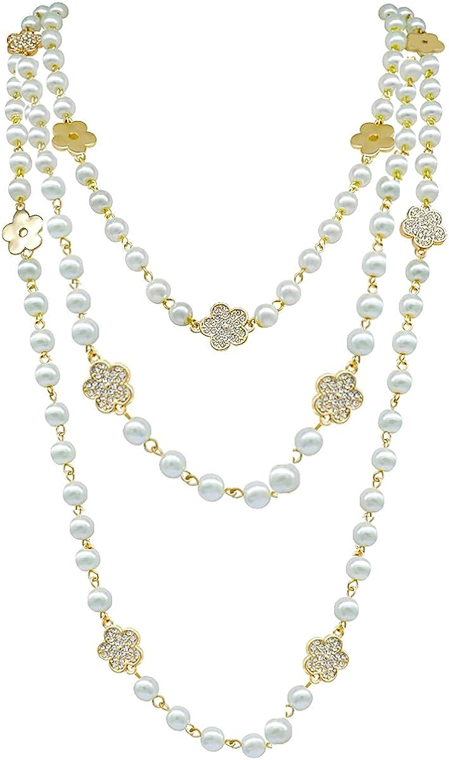 Layered Long Pearl Clover Necklace for Women – Golden Clover Charms, Multi Strand Statement Necklace, Vintage Costume Jewelry