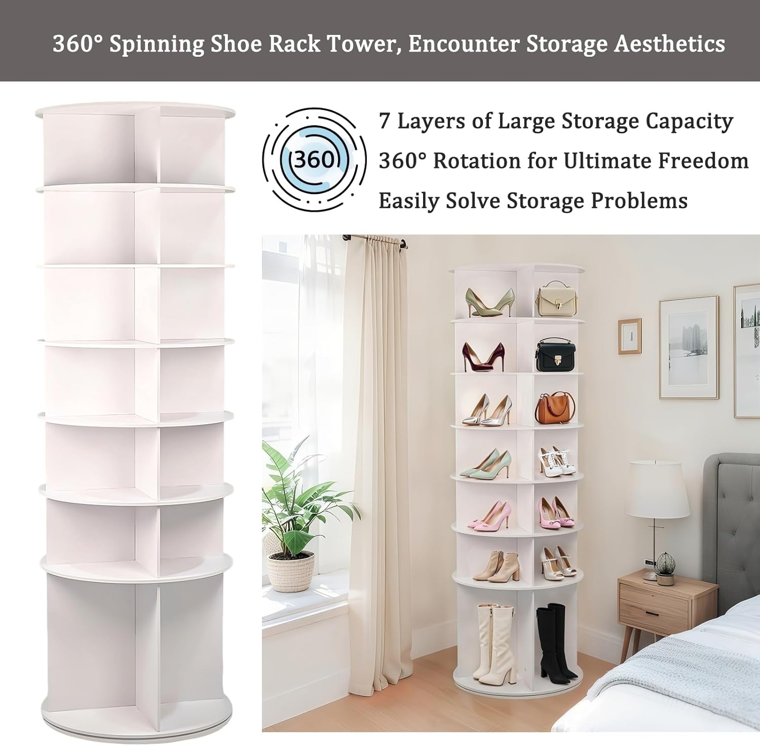 Runboll 7-Tier Rotating Shoe Rack Tower Spinning Shoe Display Lazy Susan Storage Tower, Free Standing 360 Revolving Shoe Organizer for Living Room Entryway Doorway