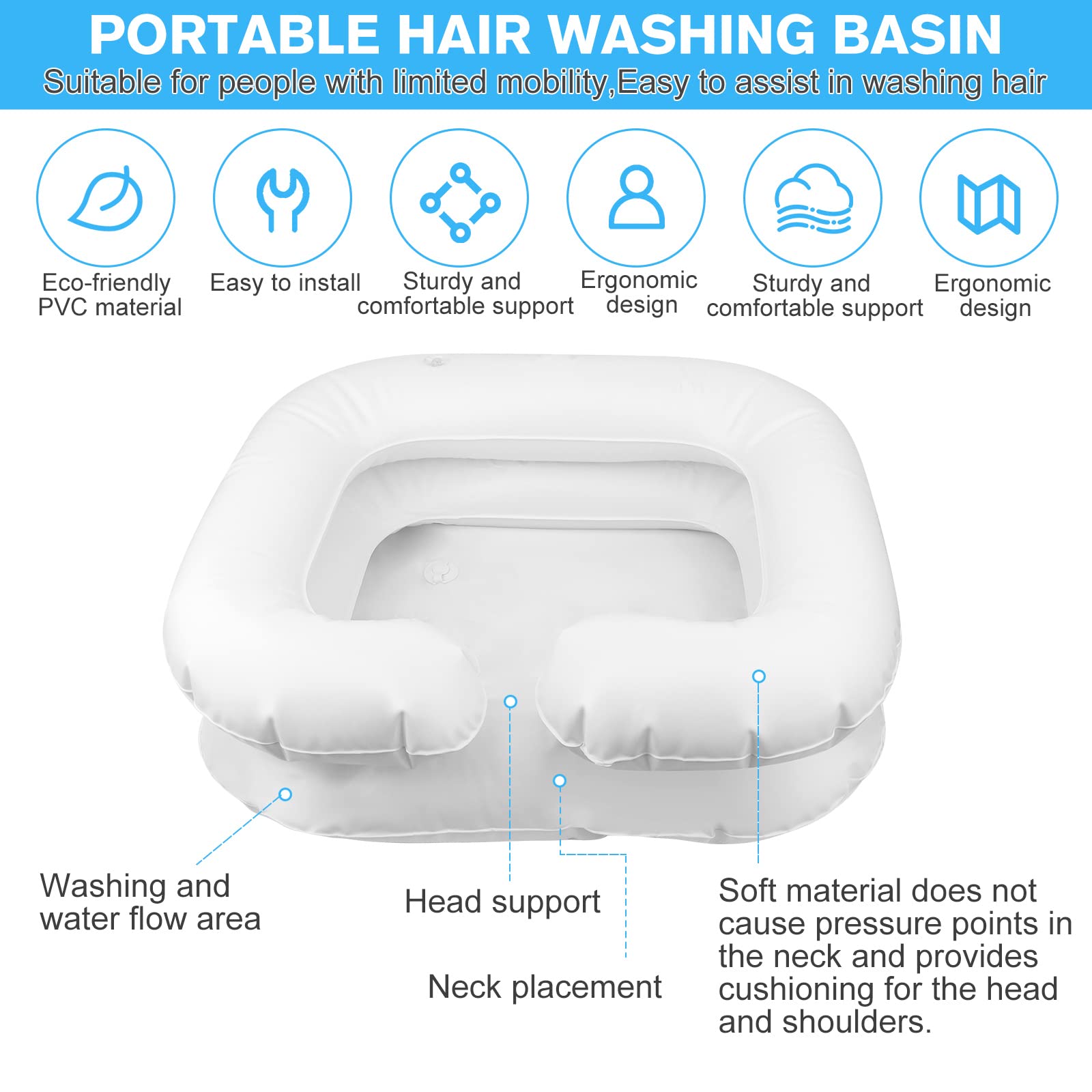 Lavatesta Gonfiabile Portatile per Parrucchieri, Lavandino Mobile con Cuscino Piccolo, Drain Tubo, Bacinella Bacino per Lavaggio Capelli, 60x55x22cm Bianco