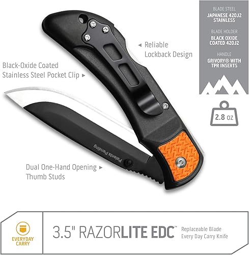 Miniatura 4 de OUTDOOR EDGE Cuchillo RazorLite EDC de 3.5 pulgadas. Cuchillo de bolsillo con cuchillas reemplazables y clip. La hoja de caza perfecta para desollar