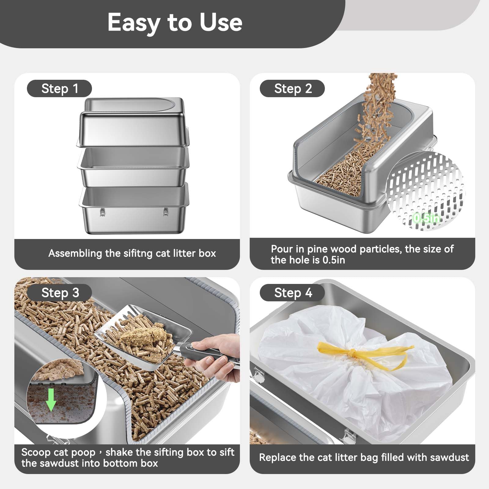XXL All Stainless Steel Sifting Litter Box for Pine Pellets,Sifting Cat Litter Box with Lid,16''High Sides Metal Sifter Litter Pan System for Big Cats,Odor Control,Easy to Clean - image 6