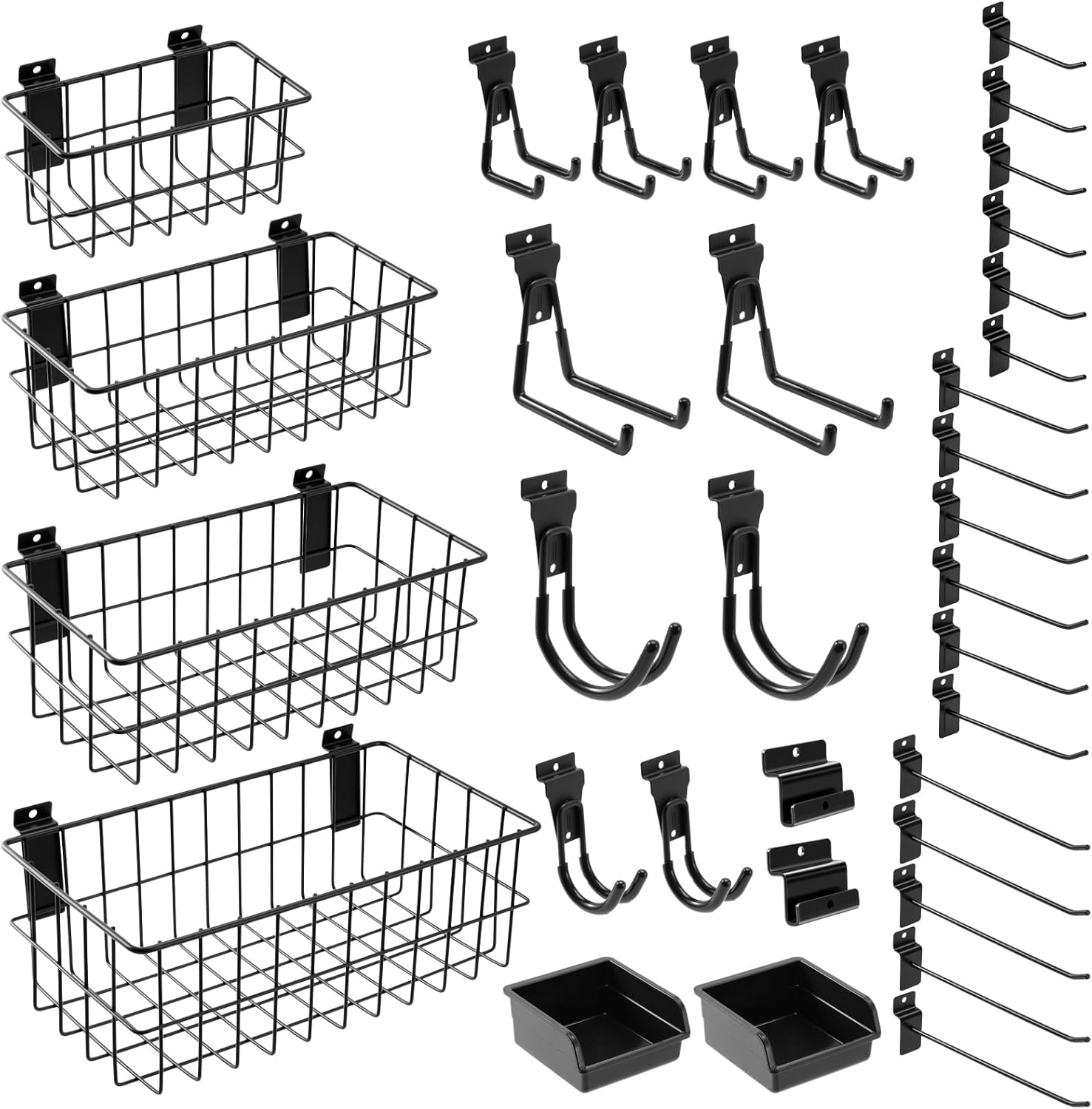 33PCS Slatwall Accessories Set with 4 Metal Slatwall Baskets, 2 Plastic Slatwall Bins, 27 PCS Slatwall Hooks, Heavy Duty Slat Wall Baskets and Bins for Garage Organization Workshop Storage