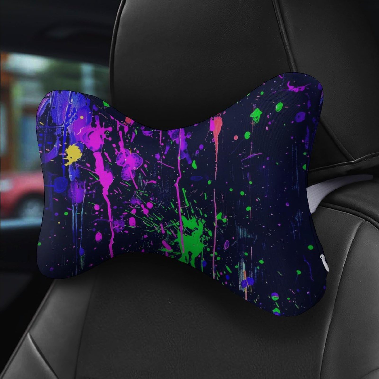 SMAZDFXX Neon Splatter Ink Car Neck Pillow Set of 2 Car Seat Head Support Cushion Bone Pillows with Elastic Strap