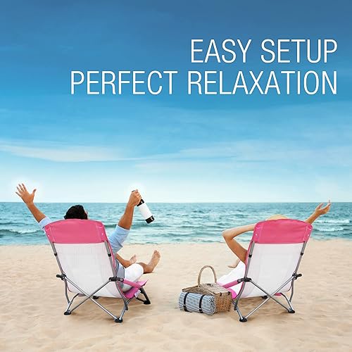 Miniatura 3 de HAUSHOF Paquete de 2 sillas de playa de respaldo alto, silla plegable con respaldo de malla, sillas de camping ligeras de asiento bajo con soporte