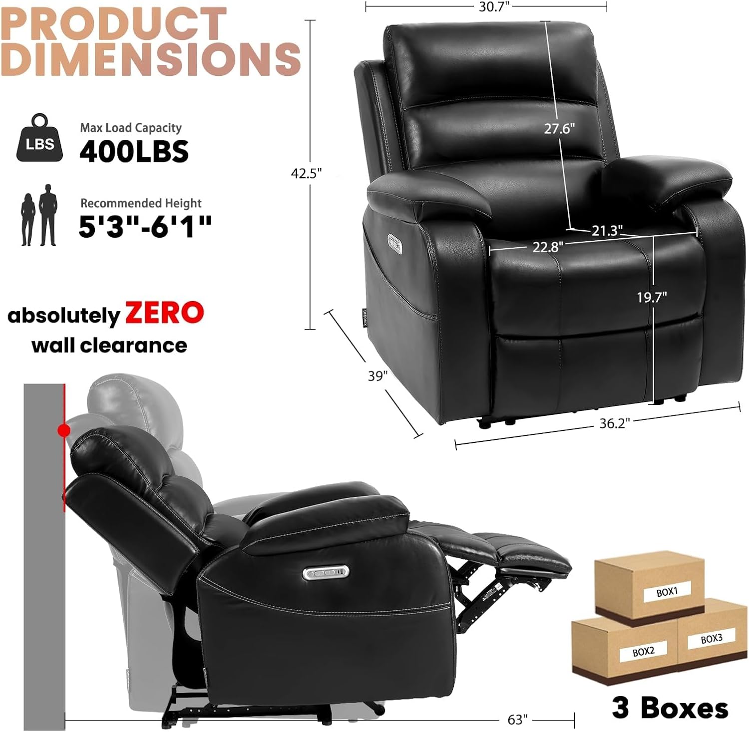 Black RV Recliner Chair for Small Spaces, Dual Motor Zero Clearance Power Recliners with Heat and Massage Living Room Zero Wall Hugger Recliners