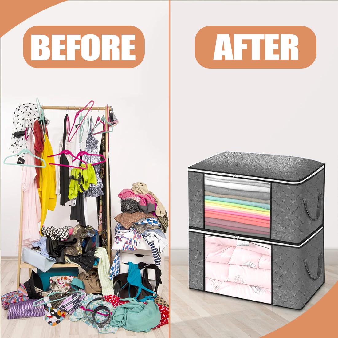 Clothes Storage Bags, 6 Pack 90L Large Capacity Storage Boxes With Lid, Zips & Reinforced Handle for Moving House - Image 4