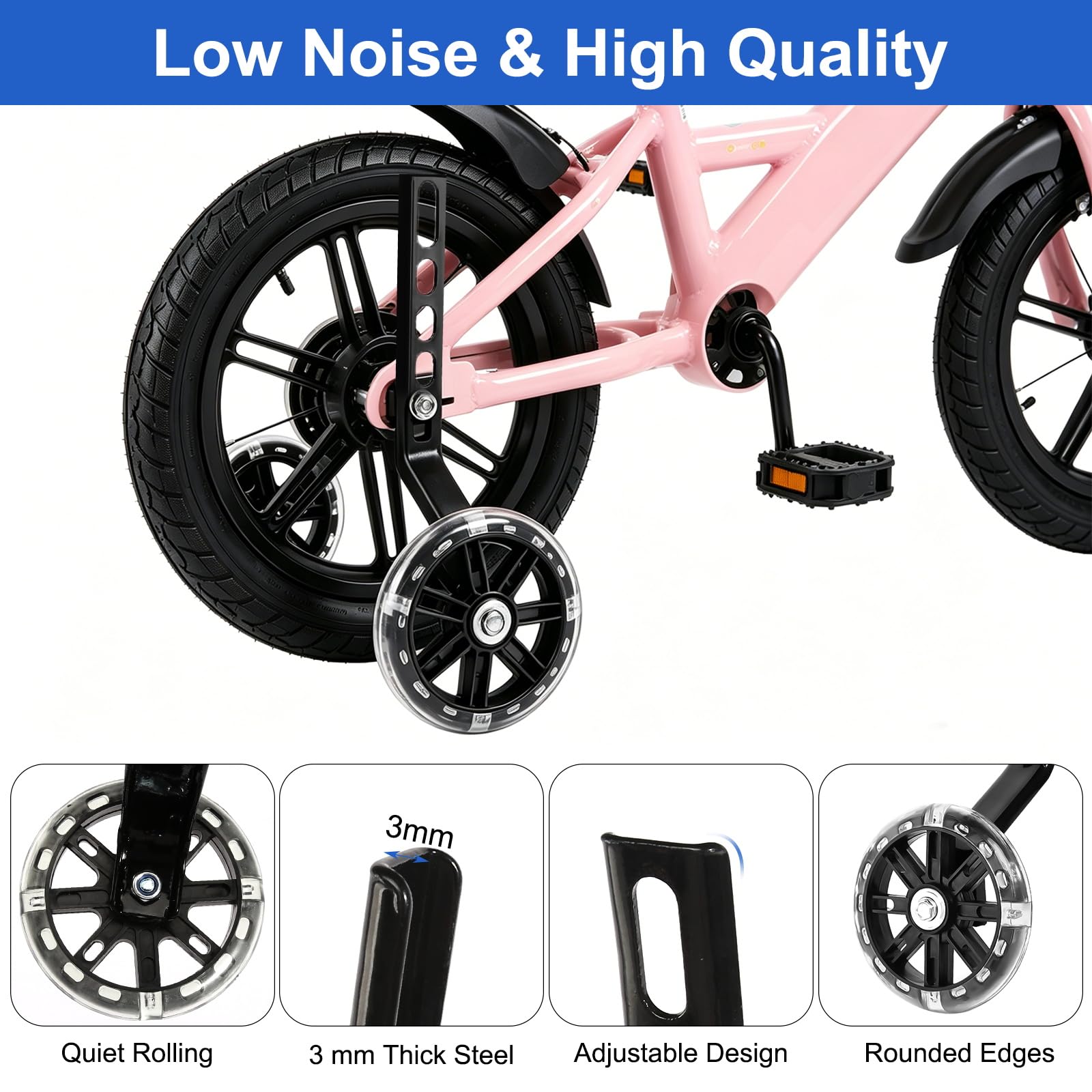 Auxiliaire Roue Bicyclette, 1 Paire Stabilisateur Velo Enfant Noires, Roulette Velo Universelle avec Roues Flash Muettes, Roulette Velo pour Vélo à Vitesse Unique de 12 14 16 18 20 Pouces