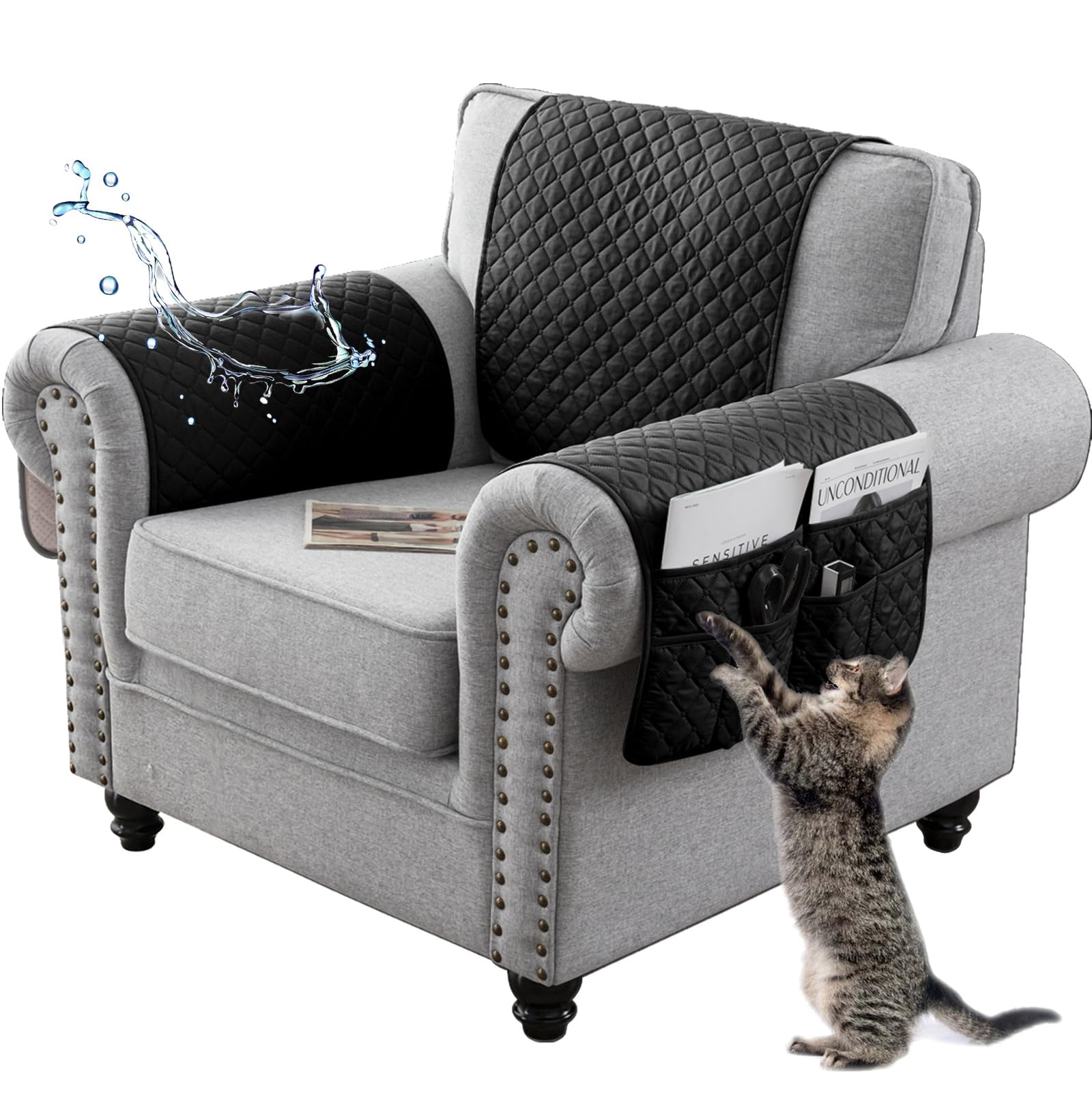 NNSMUN Sofa Armrest Cover, Headrest Cover for Recliner Chair Arm Cover, Armchair Slipcover Nonslip Quilted Furniture Protector for Pets Leather Sofa Couch (Black,1 Seater(3pcs))