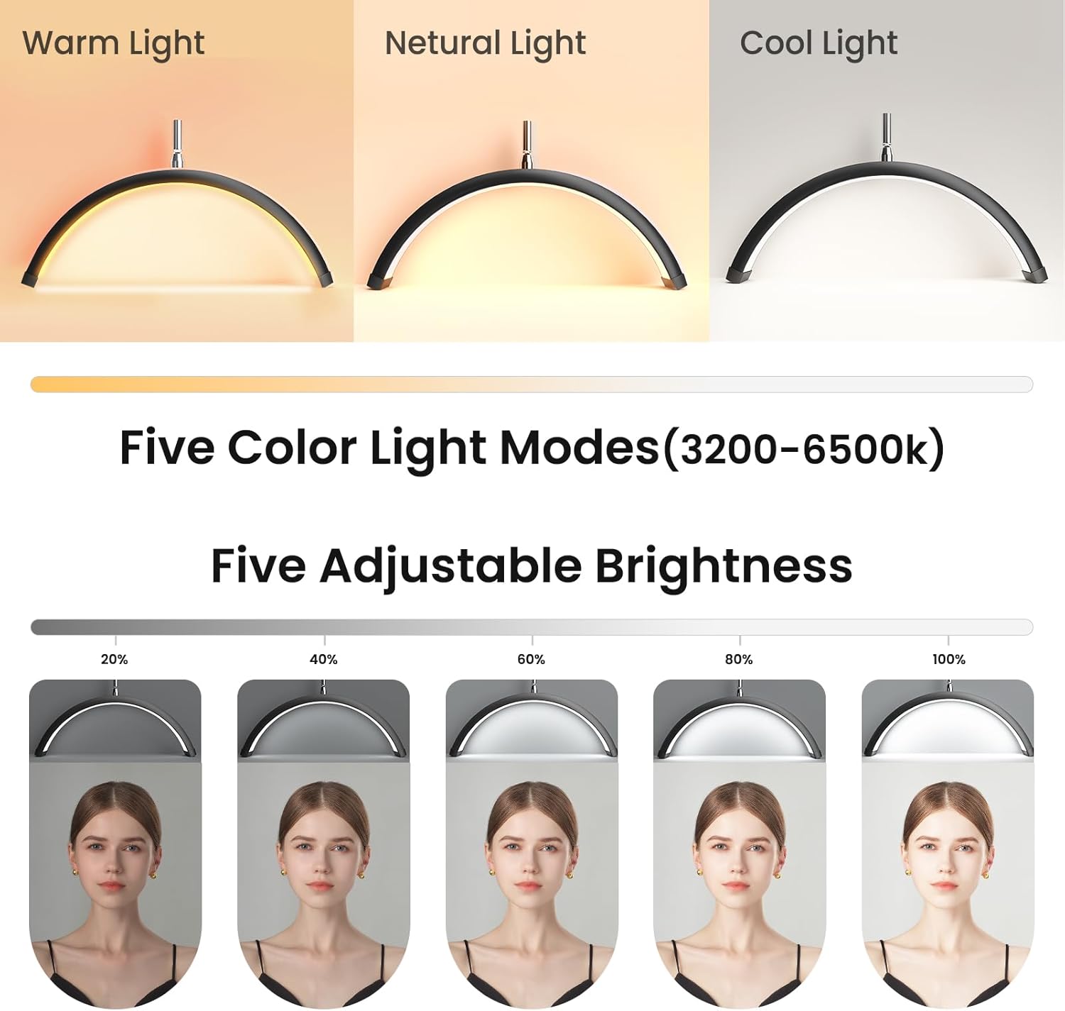 Lash Light, Half Moon Lamp with Tool Tray, LED Moon Light for Eyelash Extensions, Flexible and Adjustable Color Modes, Suitable for Beauty Salons and Beginner DIY (Black)