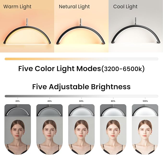 Mznoo Lash Light, Half Moon Lamp with Tool Tray, LED Moon Light for Eyelash Extensions, Flexible and Adjustable Color Modes, Suitable for Beauty Salons and Beginner DIY (Black) photo 2