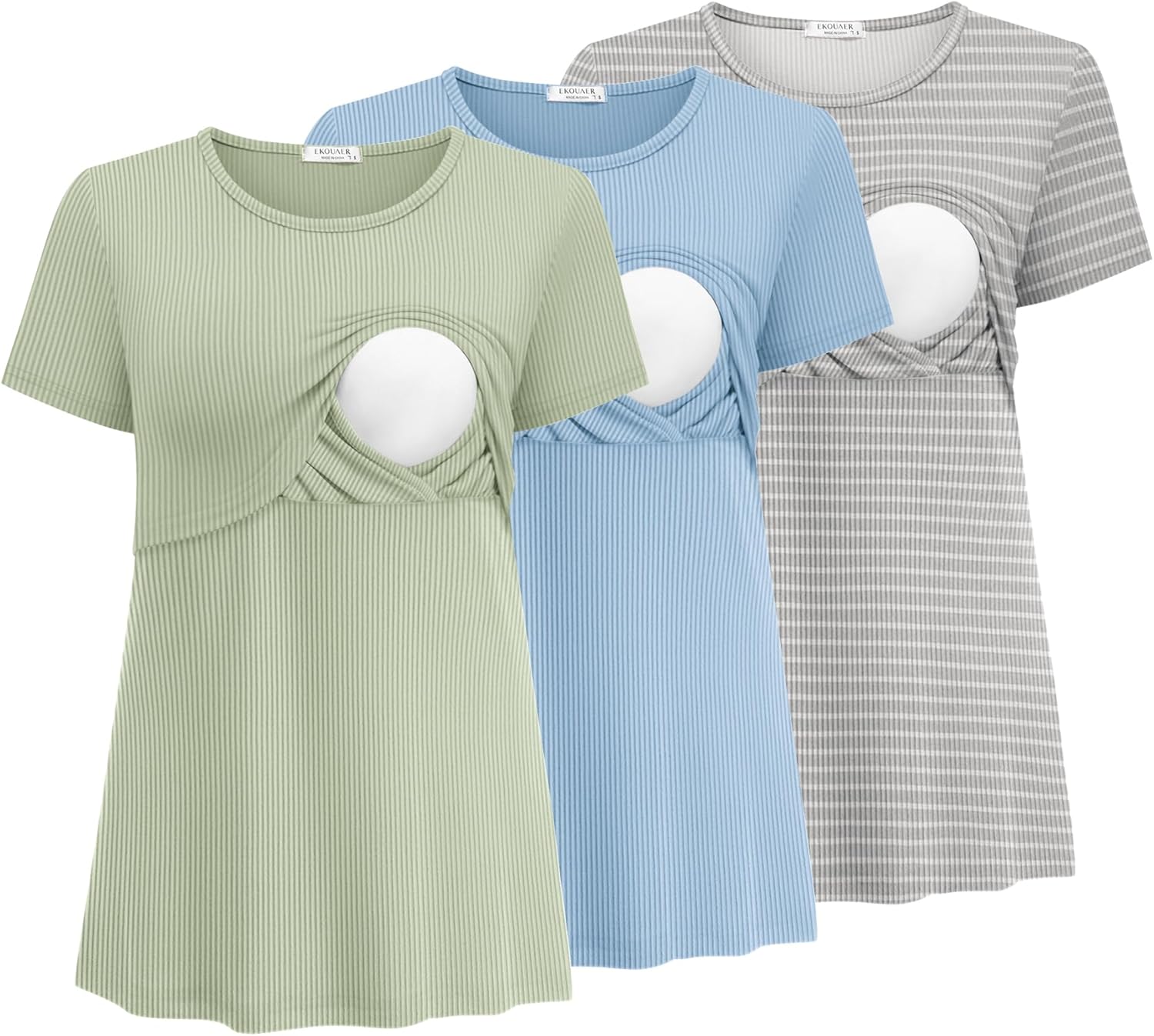Ekouaer Womens Nursing Tops 3 Pack Short Sleeve Ribbed Breastfeeding Shirts Double Layer Maternity Shirt Pregnancy Clothes