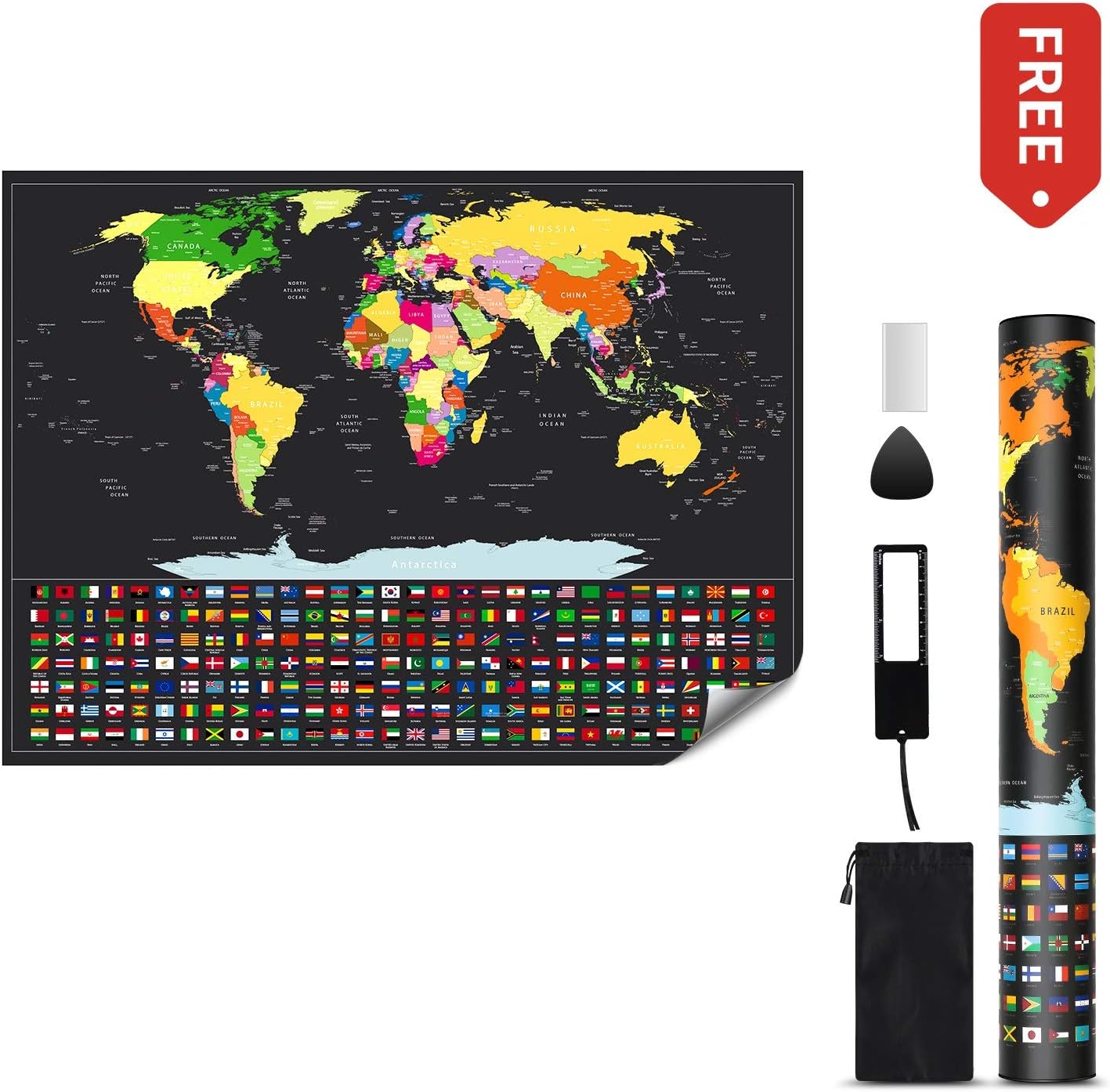 Gulliver Gear Travel Map Poster Scratch-Off World Edition, Includes Precision Tool to Cleanly Scratch Off World Map Poster, Magnifier for Small Countries, Make Excellent Travel Gifts