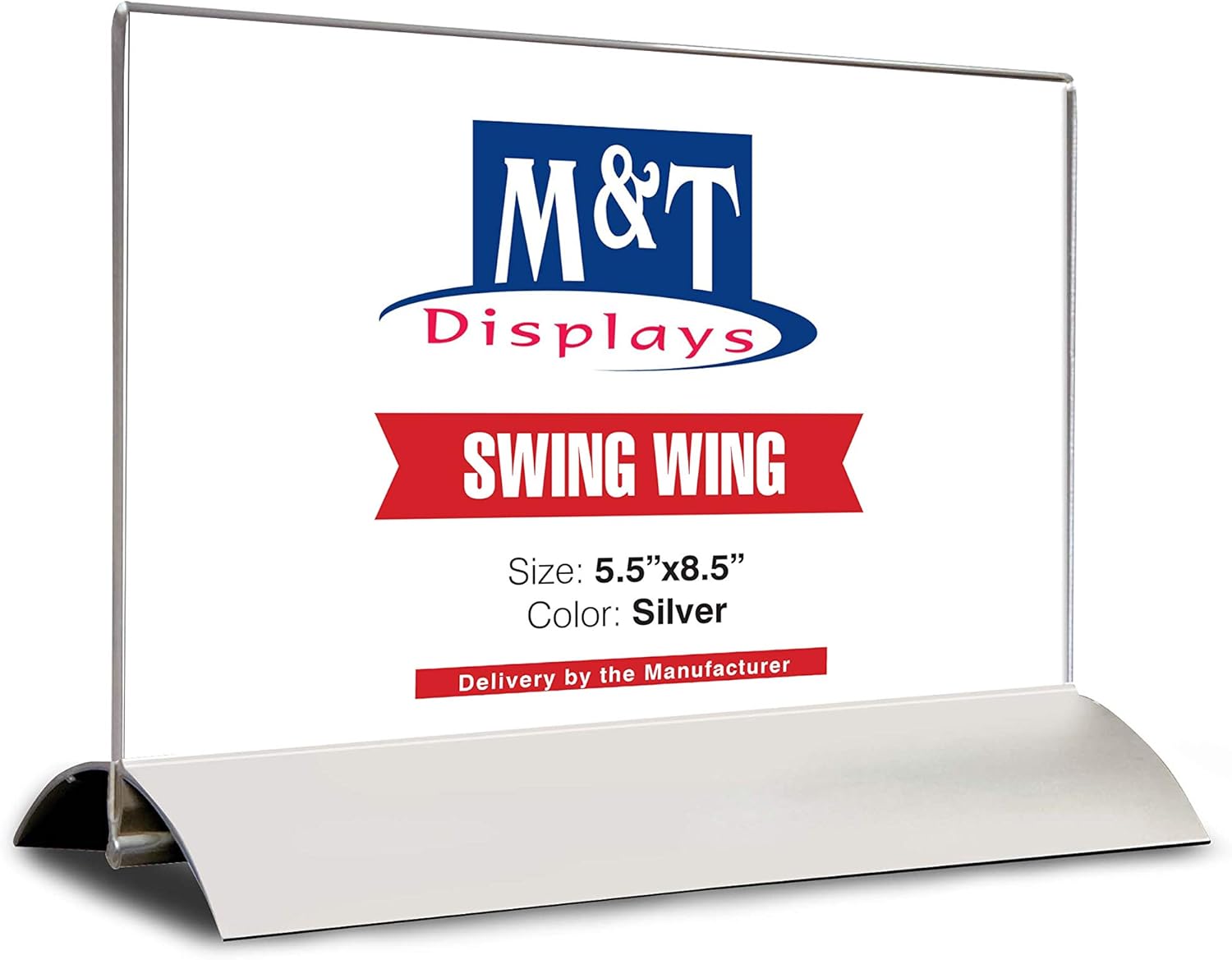 M&T Displays Desktop Swing Wing Advertising, Brochure, Pet, Sign Holder 11 Inches Silver Aluminum For Office Home Classroom Hospital Restaurant Commercial Use