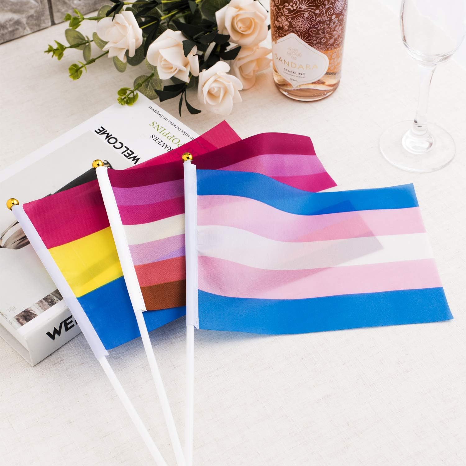 Whaline 60 Pack Pride Rainbow Stick Flags Progress Gay Pride Small Mini Flags Hand Held Transgender Asexual Bisexual Pansexual Lesbian Flag Progressive LGBTQ Party Parade Decorations, 6 Patterns - Image 5