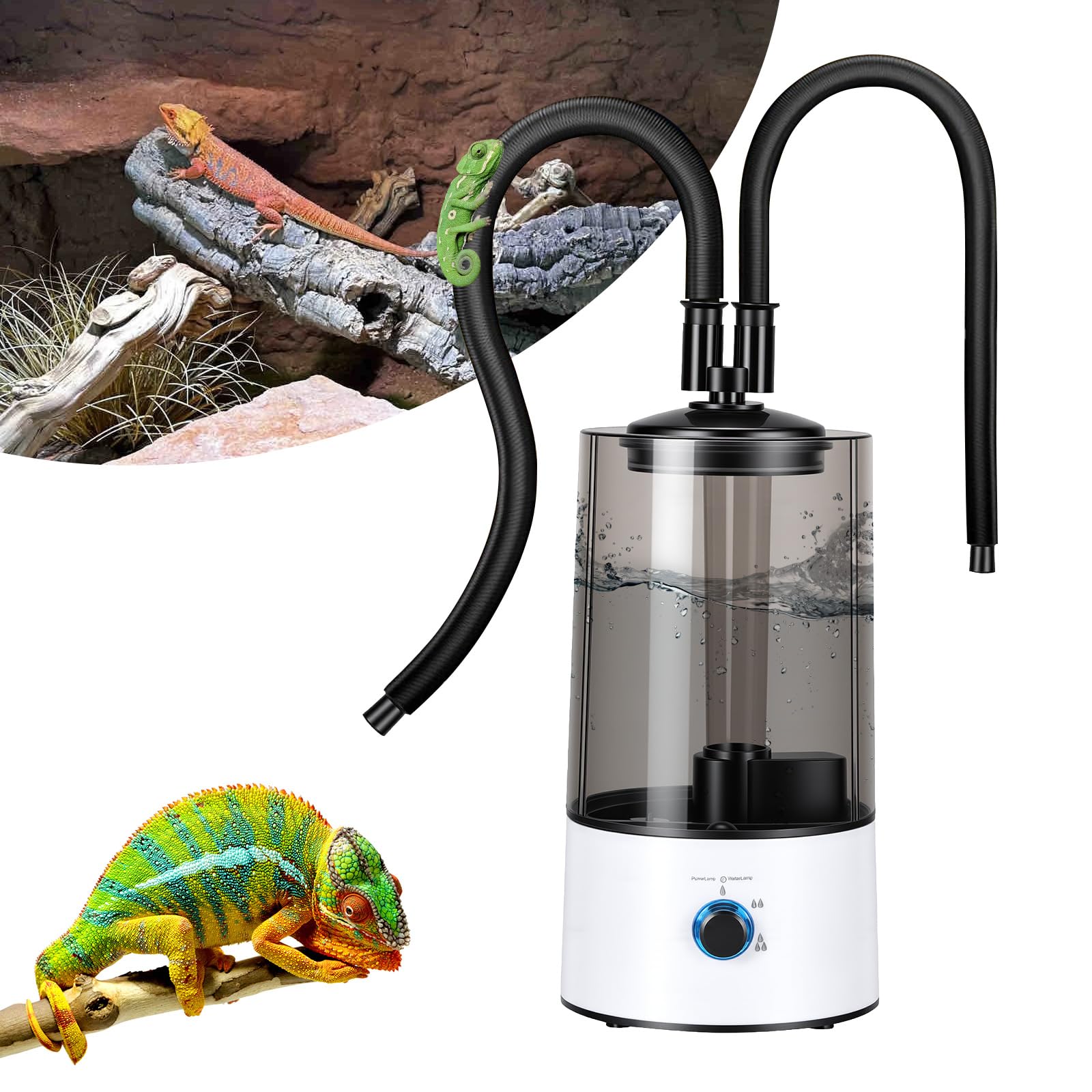 Humidificador Aéreo para Reptiles, 4L Generador Niebla para Terrarios con Tubo Doble Extensible, Ajuste en Tres Niveles del Tamaño de la Niebla, Vaporizador Ultra Silencioso para Reptiles