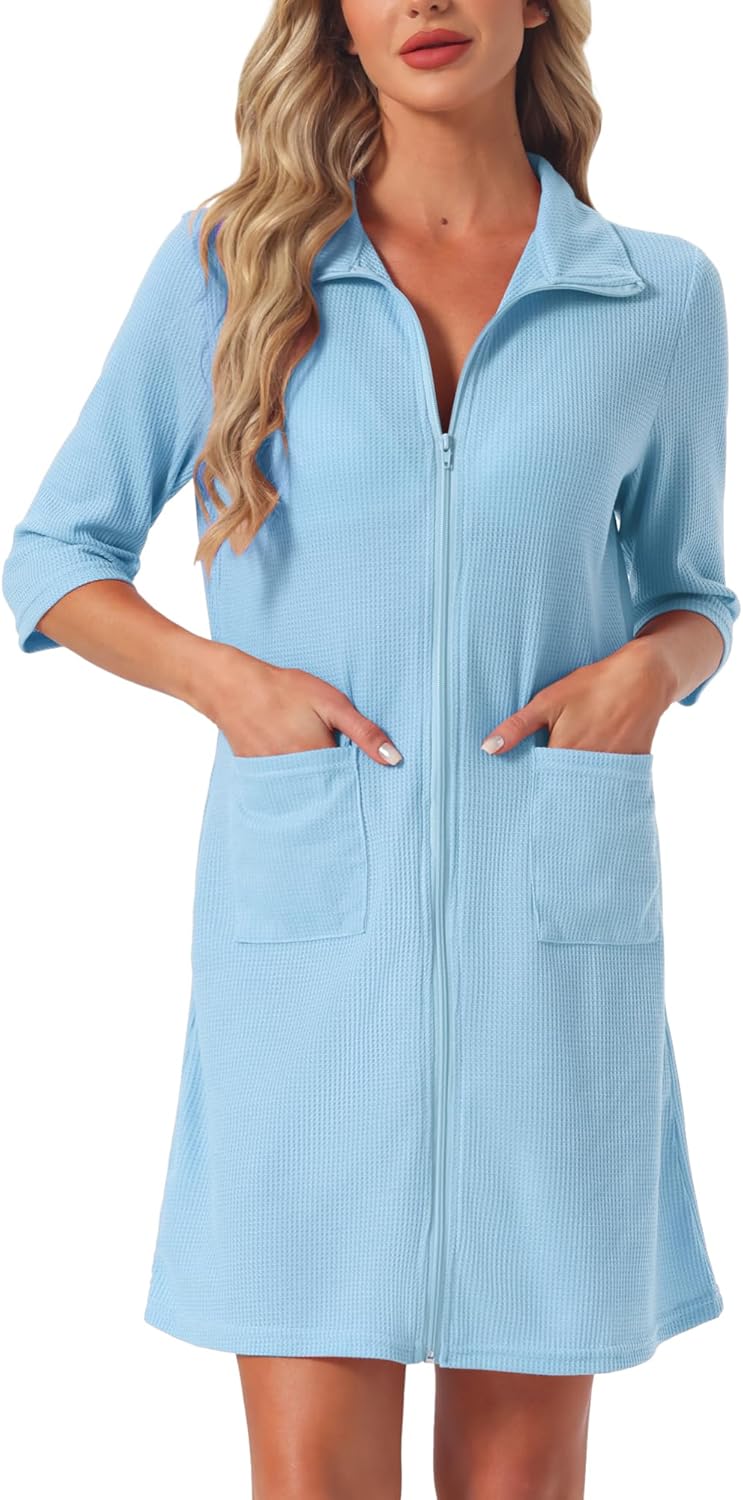 cheibear Womens Zipper Robes Waffle 3/4 Sleeves Bathrobe Knee Length Lightweight House Coat Short Sleepwear with Pockets