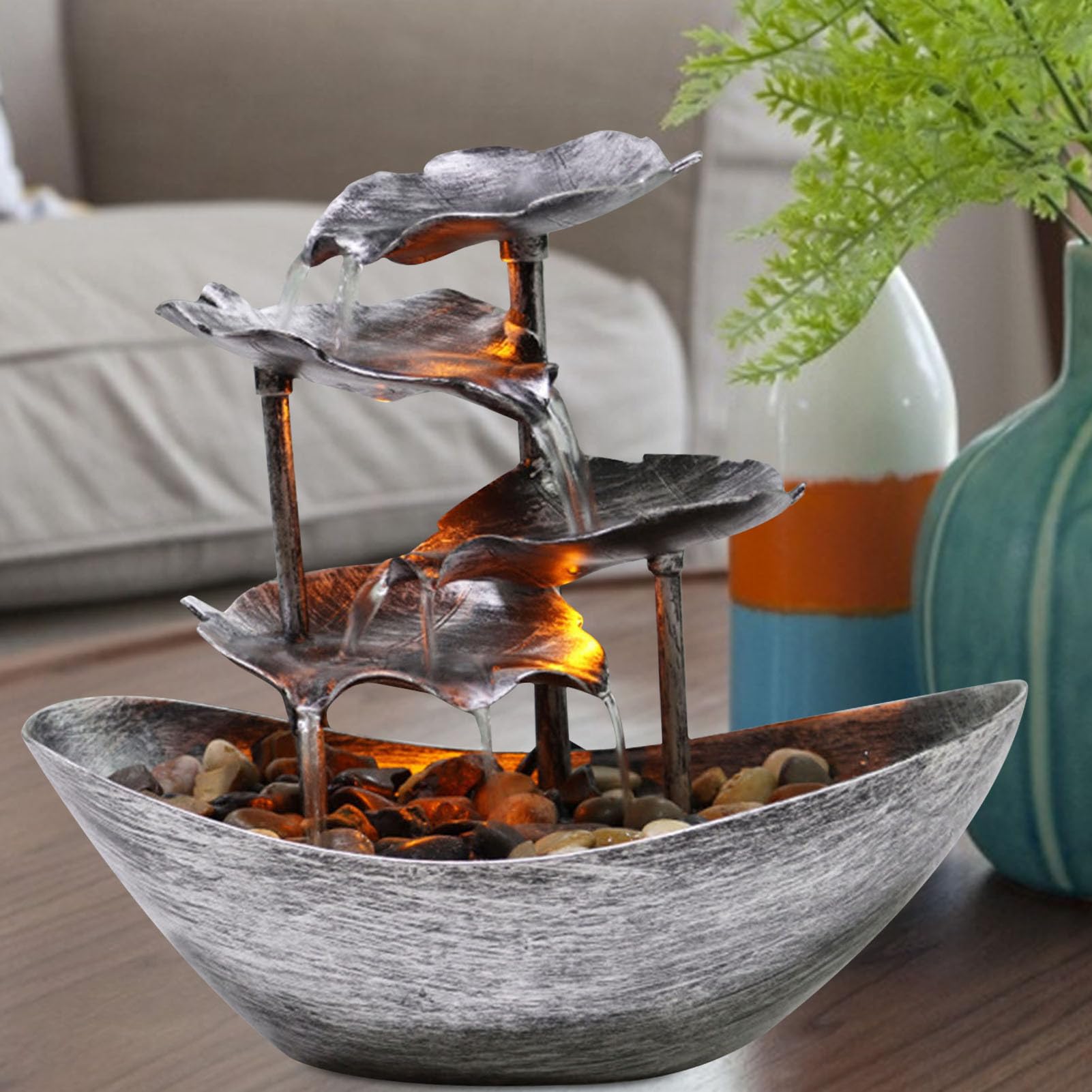 Fuente De Agua De Mesa - Fuent De Cascada Pequeña De Hoja De Loto De 4 Niveles con Bomba Automática E Interruptor De Encendido, Fuente Interior USB con Luces LED | Decoración De Escritorio Relajante