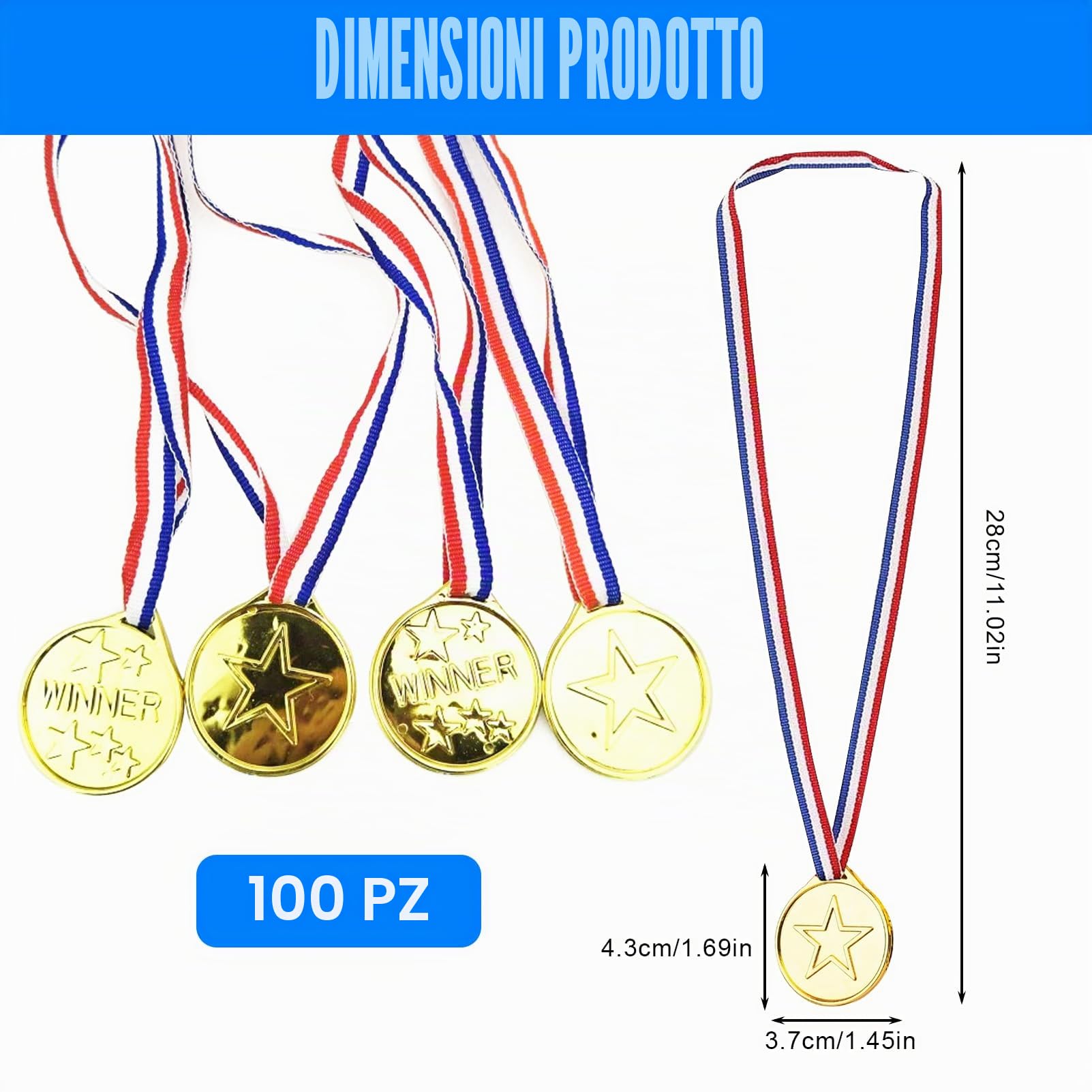 GBKDQQ 100 Medaglie D'Oro Per Bambini, Medaglie Di Plastica Con Nastro Tricolore Rosso Bianco E Blu, Diametro 4 Cm, Ideali Per Compleanni, Scuola, Feste, Premi E Ricompense