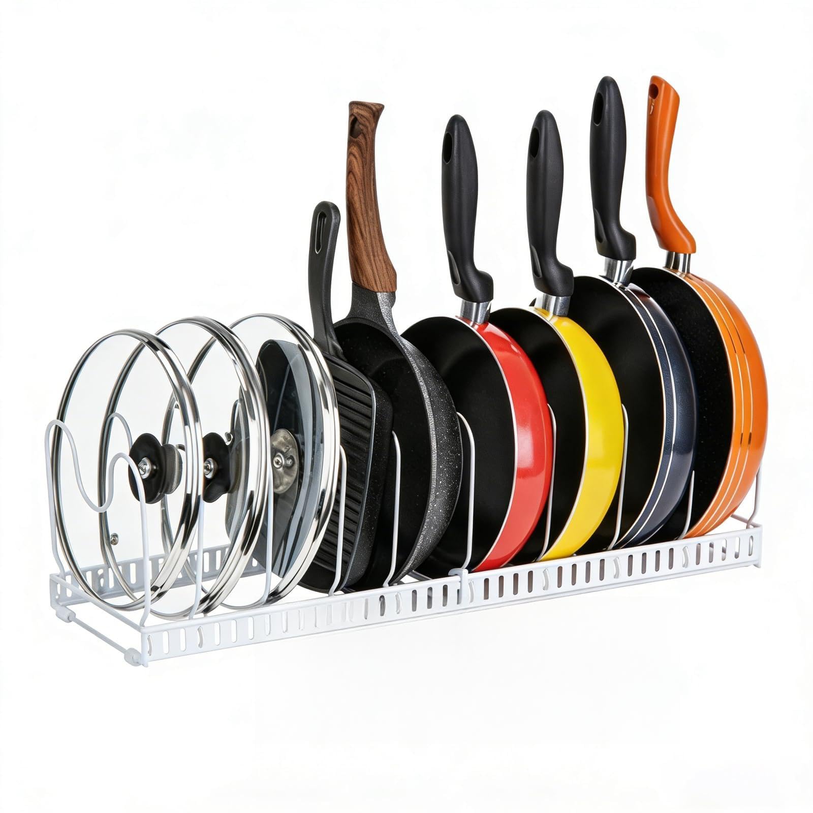 Expandable Pots and Pans Organiser for Kitchen Cupboard, 10 Adjustable Dividers Pan Lid Holder, Heavy Duty Carbon Steel Cookware Storage Rack for Cabinet Drawer Countertop, Non-Slip Bakeware Organiser