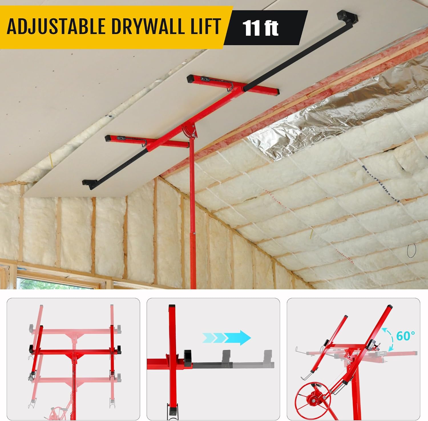 Drywall Lift 11FT, 150lb Capacity Heavy Duty Sheetrock Hoist w/Telescopic Arm & Locking Wheels, Steel Panel Lifter for Ceiling, Construction, One-Person Drywall Installation