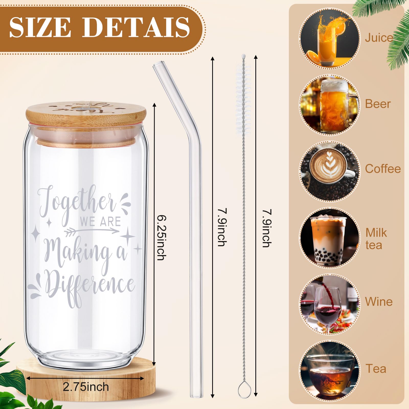 Tioncy Lot de 12 verres à bière en forme de canette de 473,6 g avec couvercles en bambou, pailles, brosses, verres à boire pour homme et femme
