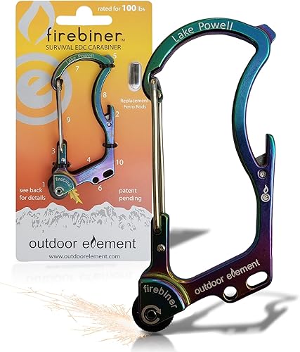 Miniatura 29 de OUTDOOR ELEMENT Firebiner Custom Engraved 6-in-1 Fire Starter Carabiner Multitool – Survival Gear EDC Keychain with Utility Blade, Bottle Opener, GT