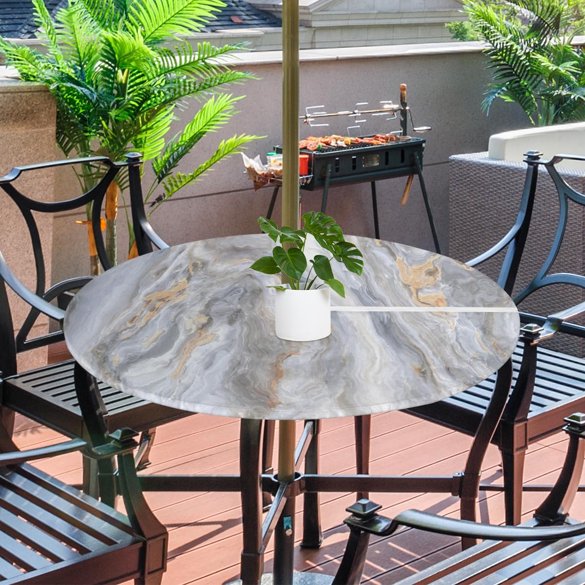 XMNYGJ Gray Marble Texture Round Fitted Tablecloth with Umbrella Hole Zipper for Patio Picnic Tables Elastic Outdoor Table Cover Waterproof and Stain Resistant 45-56 Inch