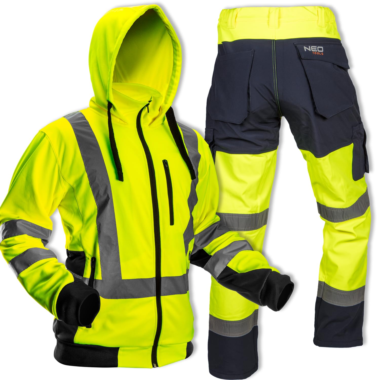 NEO TOOLS Ensemble - Pantalon de Travail Imperméable Haute Visibilité pour Hommes + Veste D'avertissement de Travail Chaude (Orange/Jaune) | Pantalon Softshell avec Doublure Polaire, S-XXL