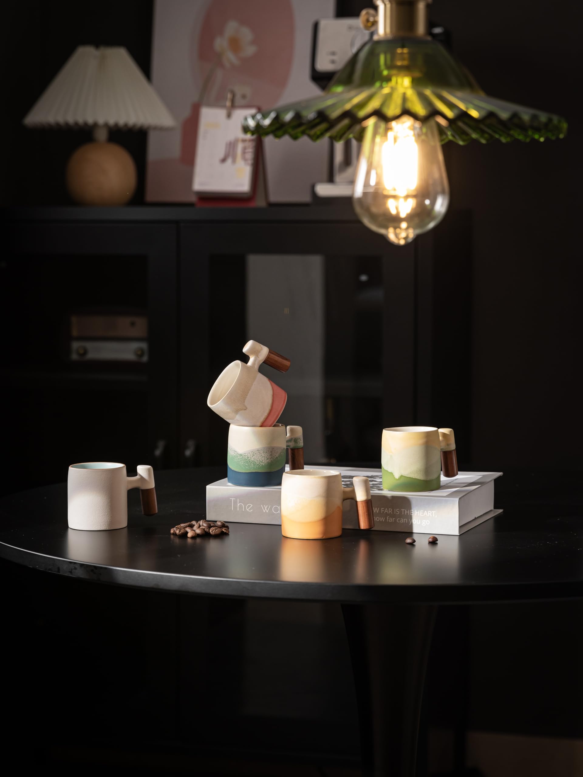 Tazas de café expreso de cerámica de 2 onzas con mango de madera, juego de 2/4 piezas para café, té, café con leche, aptas para lavavajillas, multicolor y estilos de madera, regalo y café