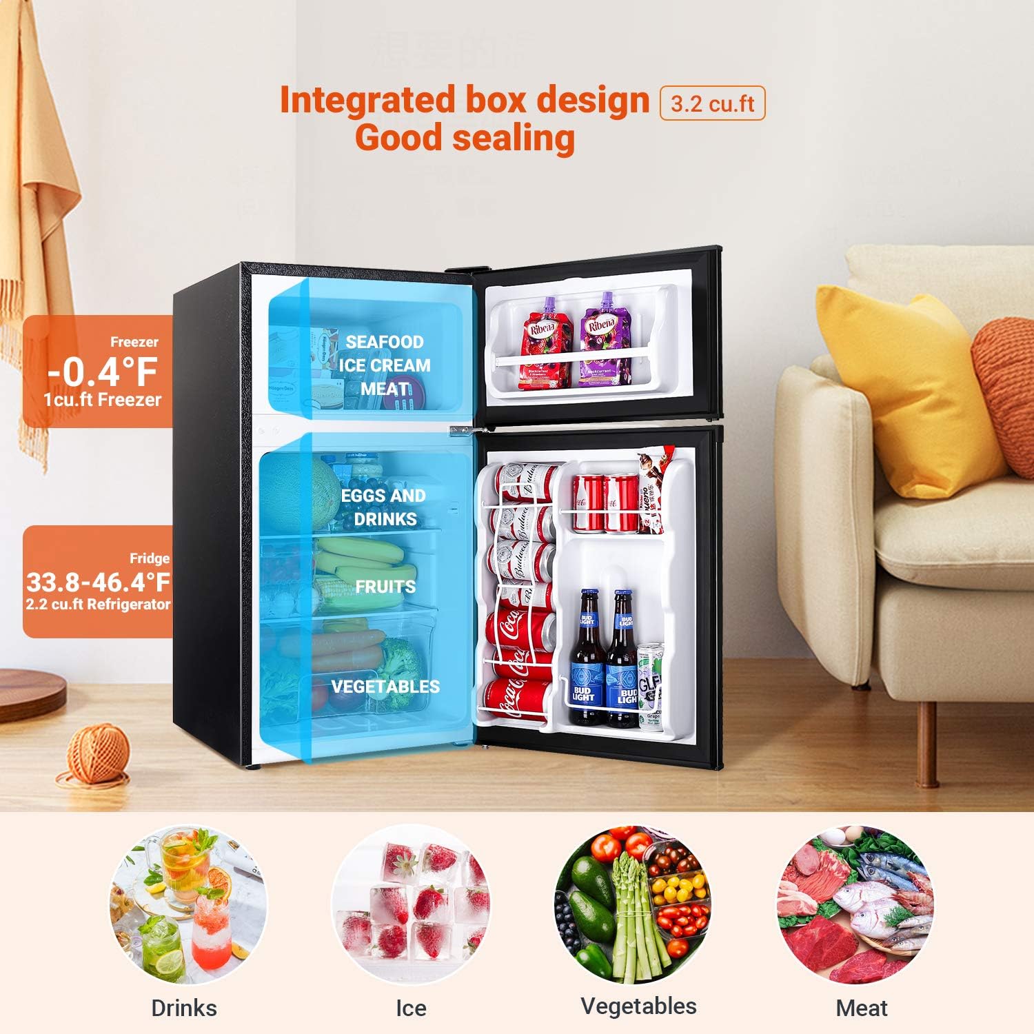 Mini Fridge with Freezer, 3.2 Cu.Ft Mini Refrigerator, 2 Door, 37DB Low Noise, Engery Saving with LED Light, Low-frost Mini Fridge for Bedroom, Office, Dorm, RV, Apartment, Black- MPBFD321