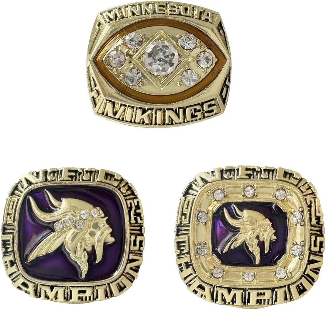 GIFT SET MINNESOTA COMMEMORATIVE RINGS FOR 1973 1974 1976 3-TIMES FOOTBALL CHAMPIONSHIPS, 3 RINGS SET WITH 3-HOLE WOODEN DISPLAY BOX PACKAGING, HOLIDAY GIFT FOR RUGBY FANS