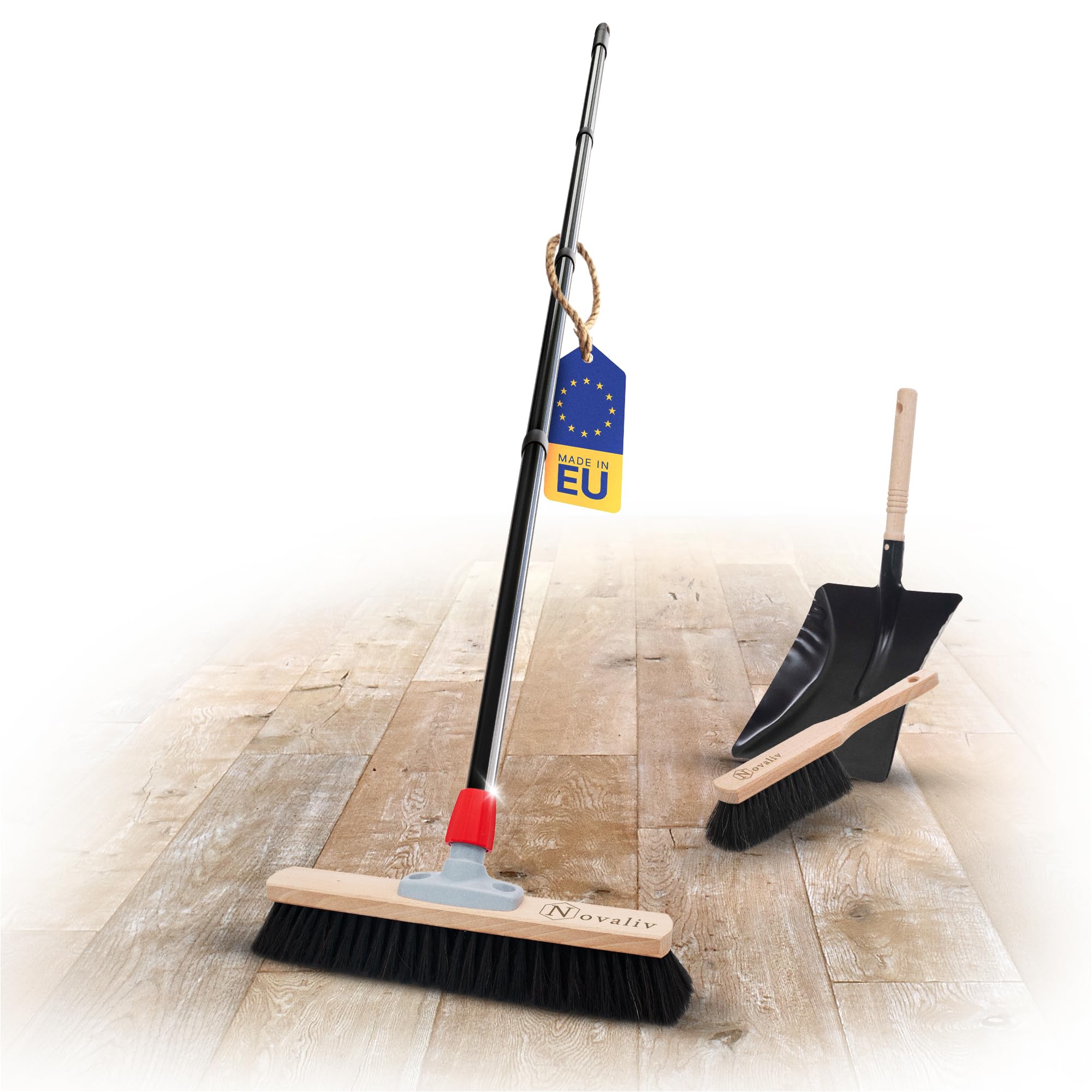 Novaliv Escoba con mango de 50 cm, cerdas de crin, incluye recogedor negro compuesto de recogedor y cepillo de mano, escoba fina, ideal como escoba de taller, escoba industrial con mango