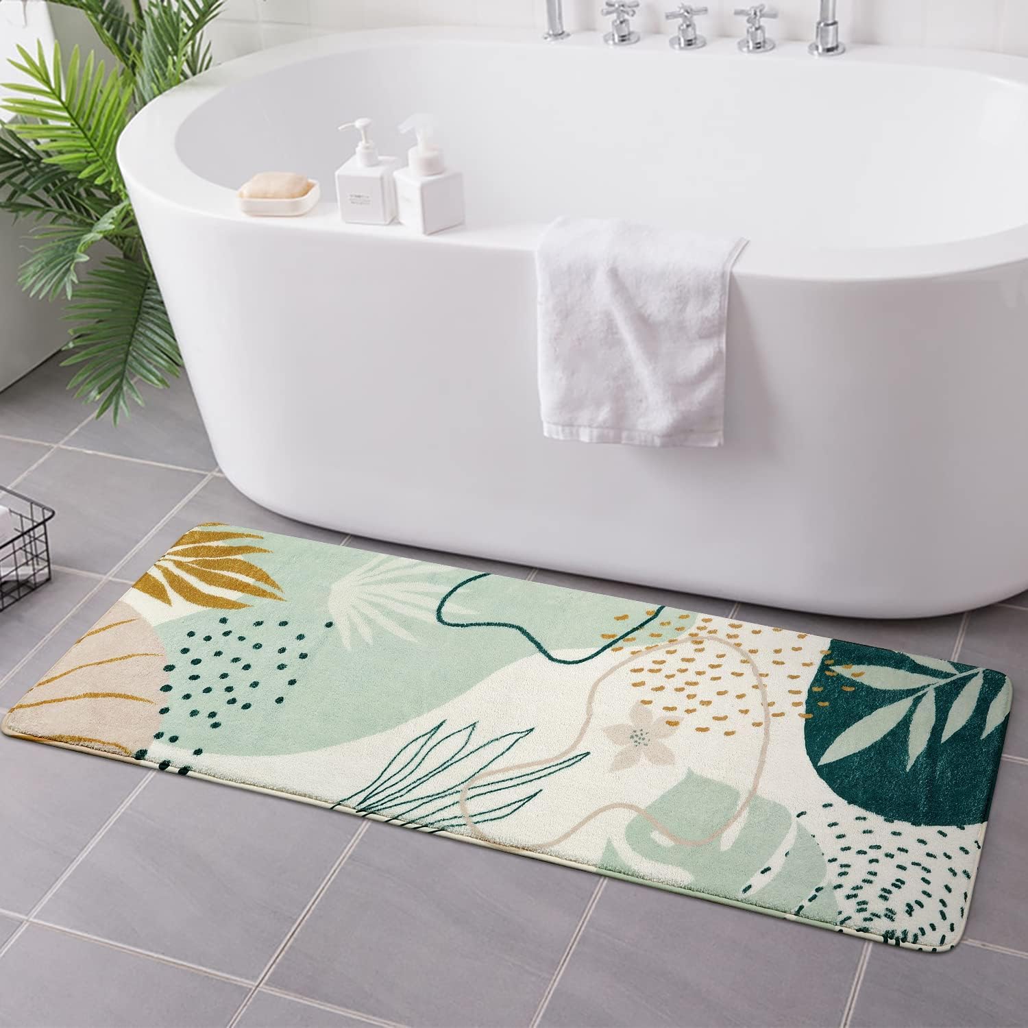 Uphome Bathroom Runner Rug Green Botanical Long Bath Mat Non-Slip Modern Boho Bath Rug Soft Velvet Machine Washable Floor Mats Aesthetic Design for Bathroom Tub Shower,20''x59''