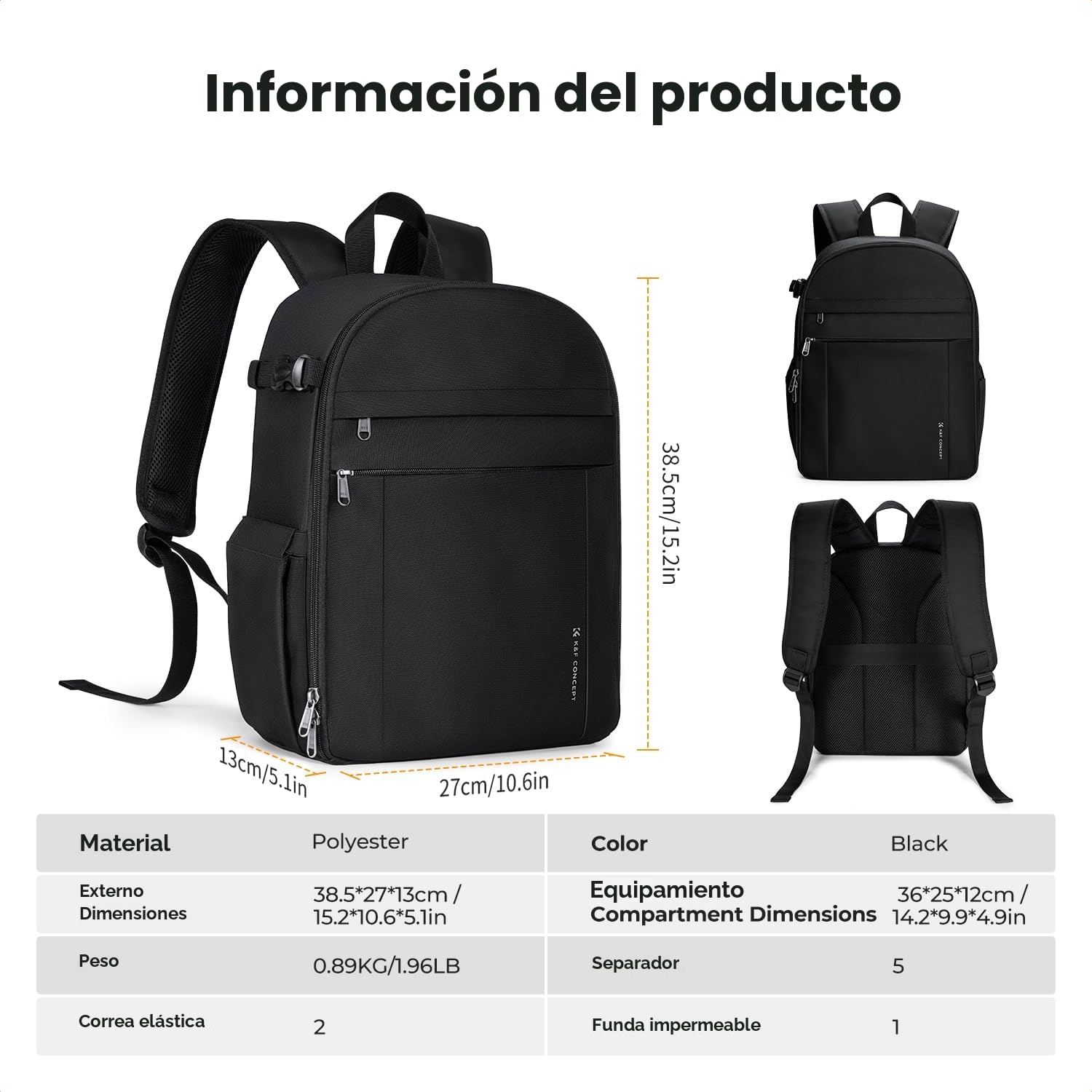 K&F CONCEPT Mochila Camara Fotos 13L, Ligera e Impermeable, Camera Bag, Mochila de Cámara, Compatible con Sony Canon Nikon, Incluye Bolsillos Frontales y Porta Trípode, Negro Mate