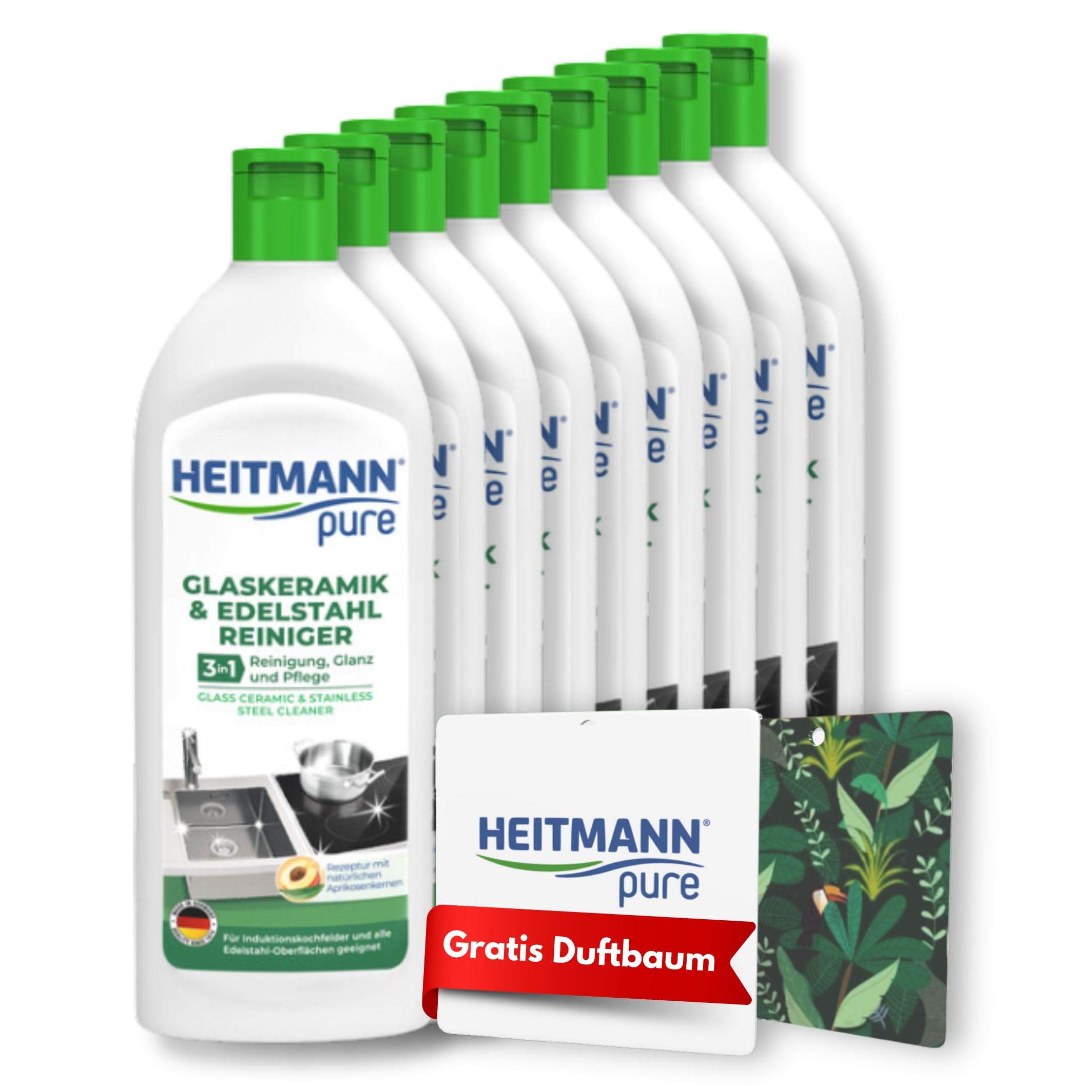 HEITMANN pure Glaskeramik- und Edelstahlreiniger | Kraftvolle 3-in-1 Reinigung für Kochfelder & Metalle | Auf natürlicher Mineralienbasis mit Aprikosenkernpulver | 9 x 250 ml + GRATIS Duftbaum