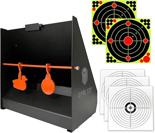 Atflbox Objetivo de trampa de pellets con blancos de papel de bullseye de 12 x 12 pulgadas y blancos de disparo giratorios para calibre 177 22
