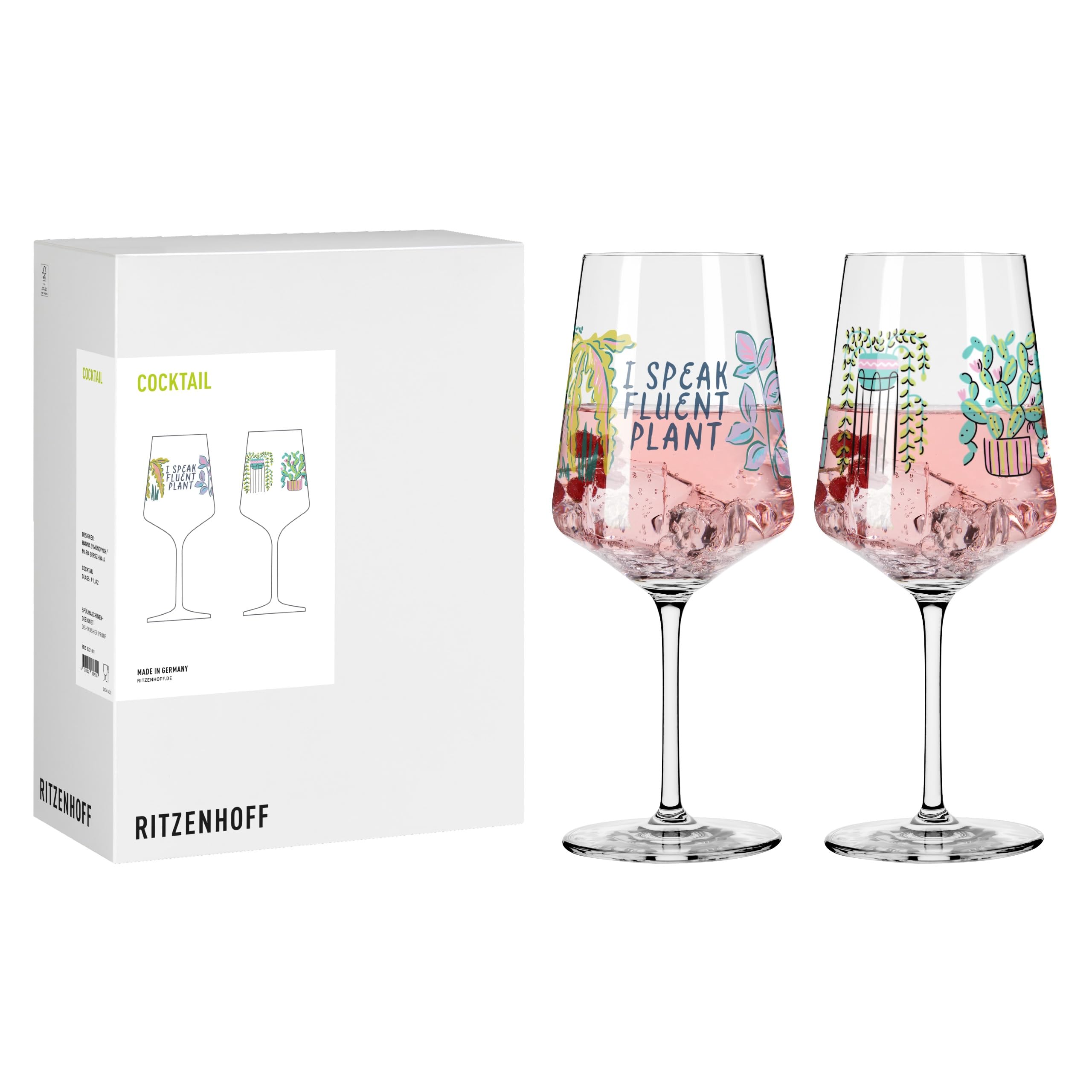 RITZENHOFF 8231001 Cocktail-Glas 500 ml, 2er Set, Serie Home & Garden - 2 Stück mit Motiv und Spruch Pflanzen, bunt - Made in Germany