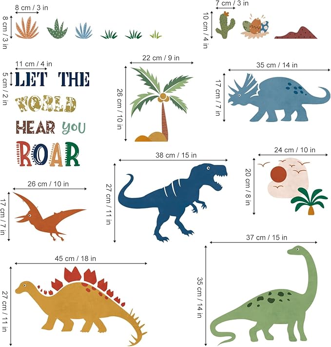 Vinilo Decorativo Boho Dinosaurio con Árbol y Palmas Habitación Infantil miniatura 4