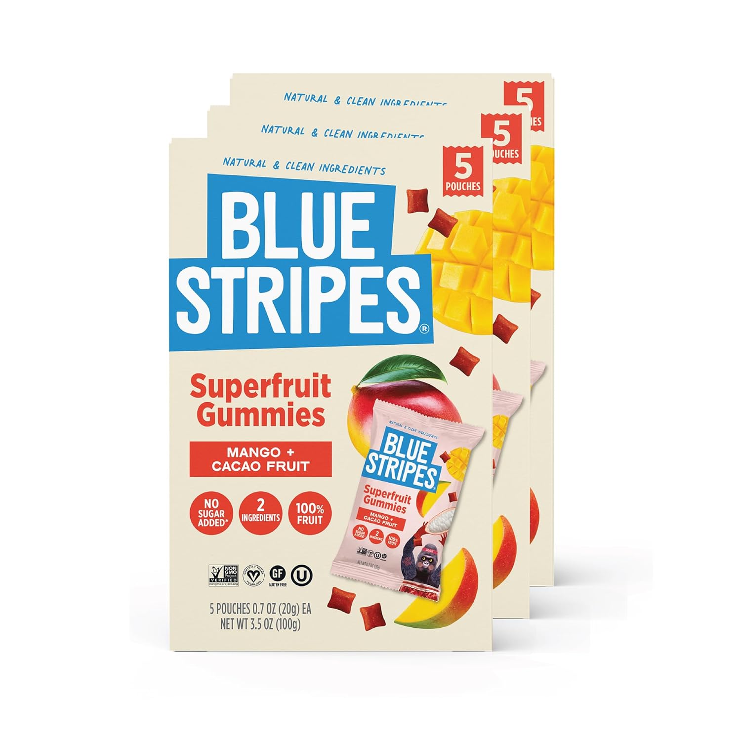Blue Stripes Cacao Superfruit Gummies - Healthy Fruit Snack for Adults & Kids, Gluten Free & Vegan, No Sugar Added, 9 Essential Vitamins & Minerals, Natural Superfood - Mango & Cacao, 3.5 oz (3 Pack)