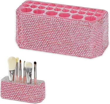 Clear Acrylic Makeup Eyeliner Lip Liner Holder Organizer,Bling Crystal Makeup Brush Holder,26 Spaces Pink